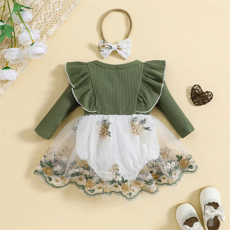 Girls Flying Sleeve Embroidered Flower Dress Bow Set
