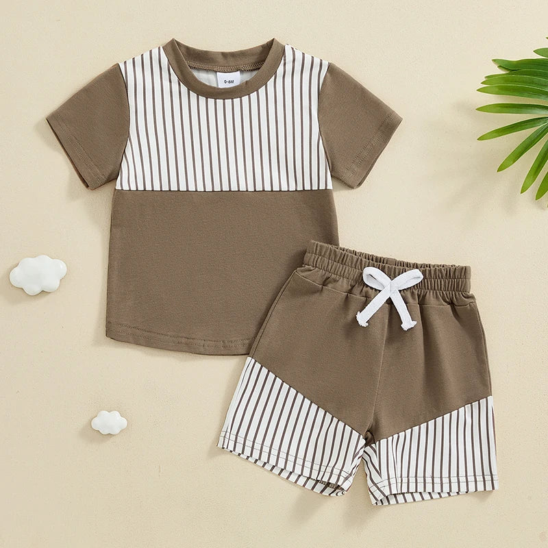 Boys Casual Striped Print Patchwork Shirt Shorts Set