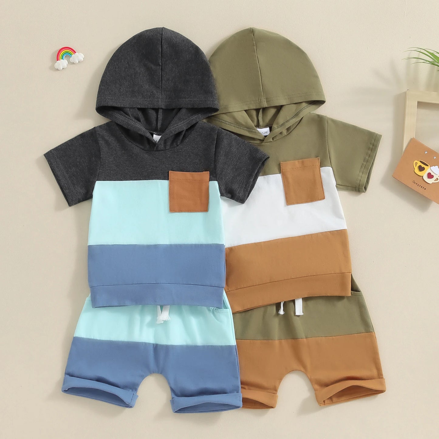 Boys Contrast Color Short Sleeve Pocket Hoodie Short Set