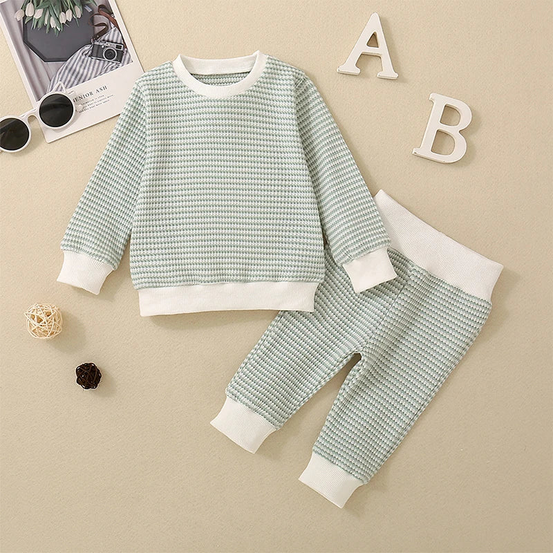 Boys Striped Waffle Knit Top Pant Set