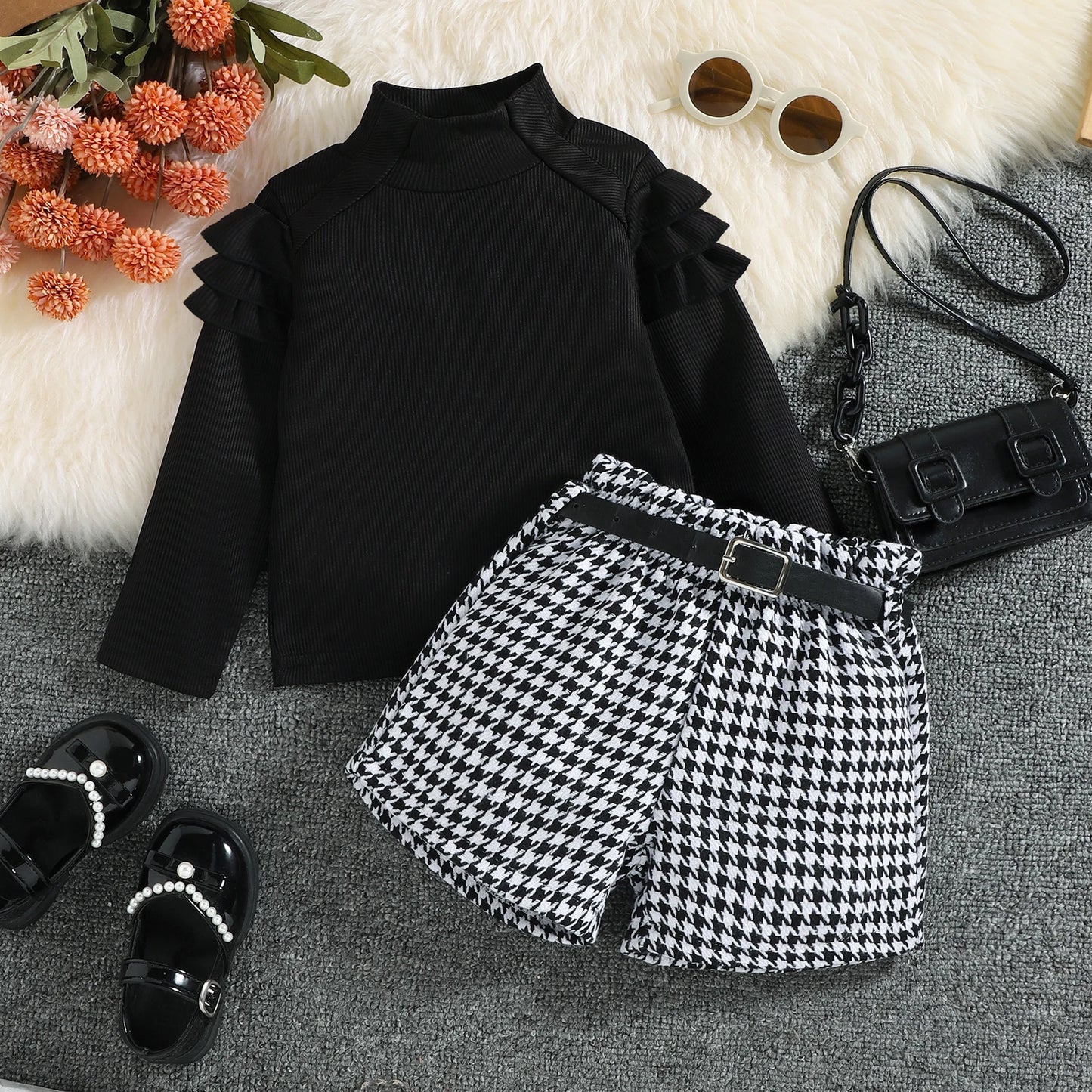 Girls Ruffle Sleeve Knit Turtleneck Houndstooth Belt Short Set