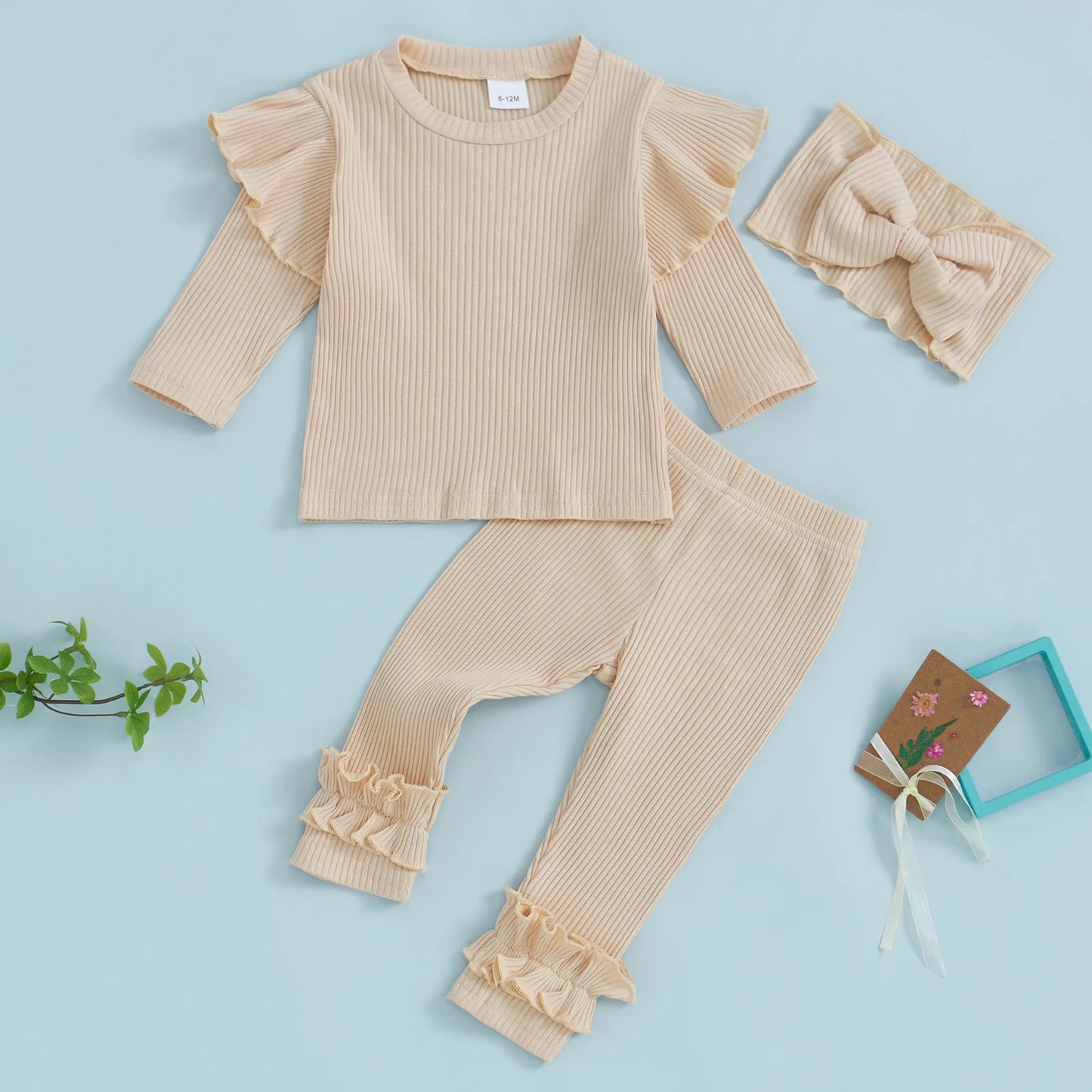 Girls Ribbed Ruffle Trim Top Pant Bow Headband Set