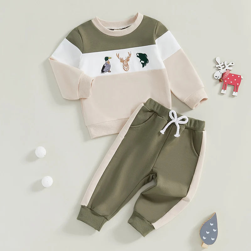 Boys Embroidered Duck/Deer/Fish Sweatshirt Pant Set