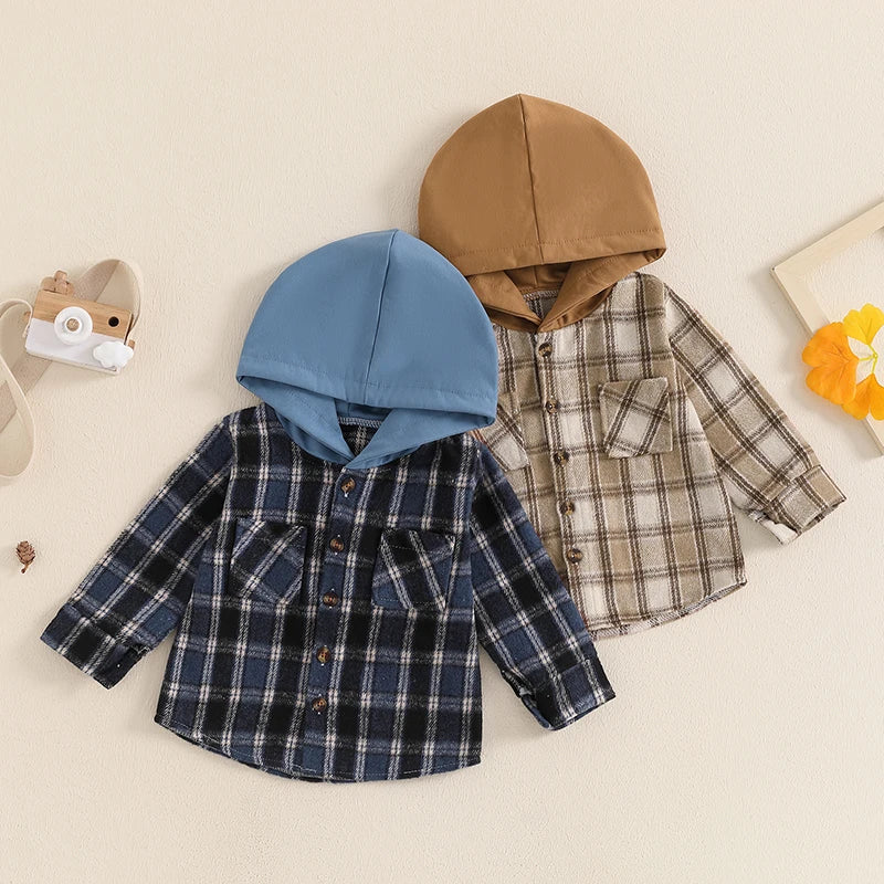 Boys Hooded Plaid Flannel Button Pocket Shirt