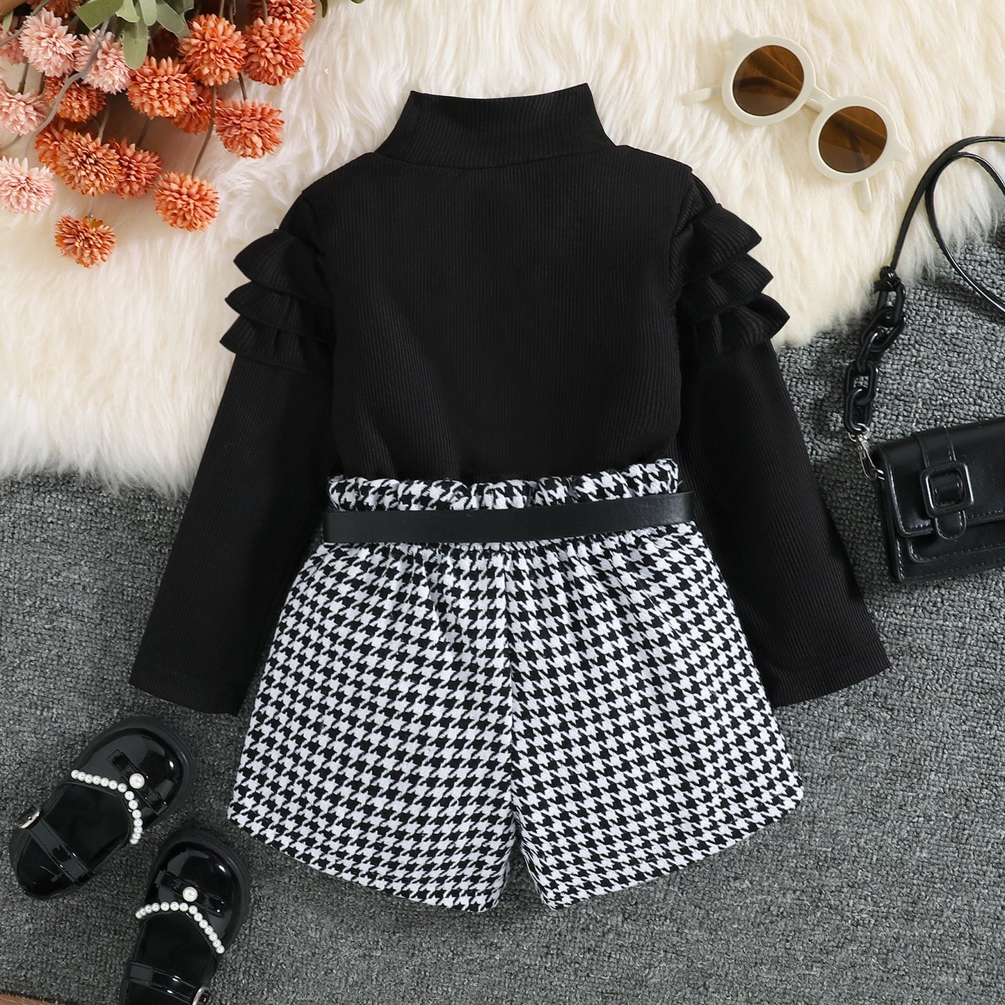 Girls Ruffle Sleeve Knit Turtleneck Houndstooth Belt Short Set