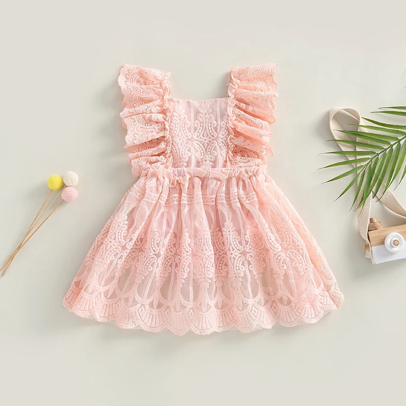 Girls Fall Mesh Lace Ruffle Dress