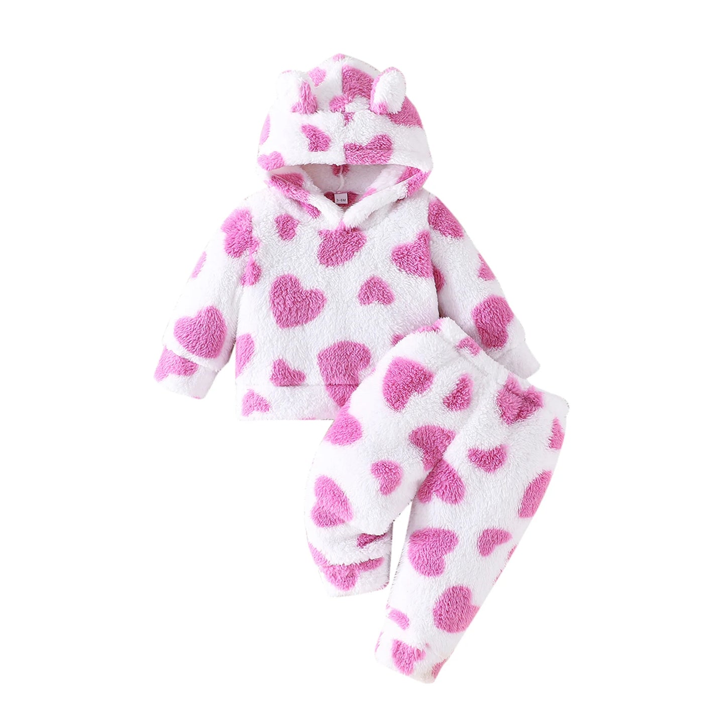 Girls Heart Print Plush Fleece Hoodie Pant Set