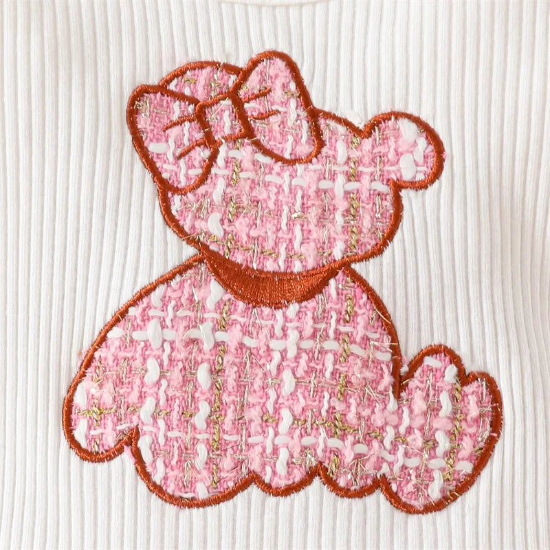 Girls Embroidered Bear Ruffle Sleeve Top Plaid Skirt Bow Set