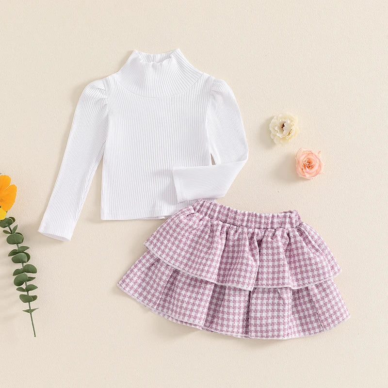 Girls Ribbed Turtleneck Top Houndstooth Layered Skirt Set