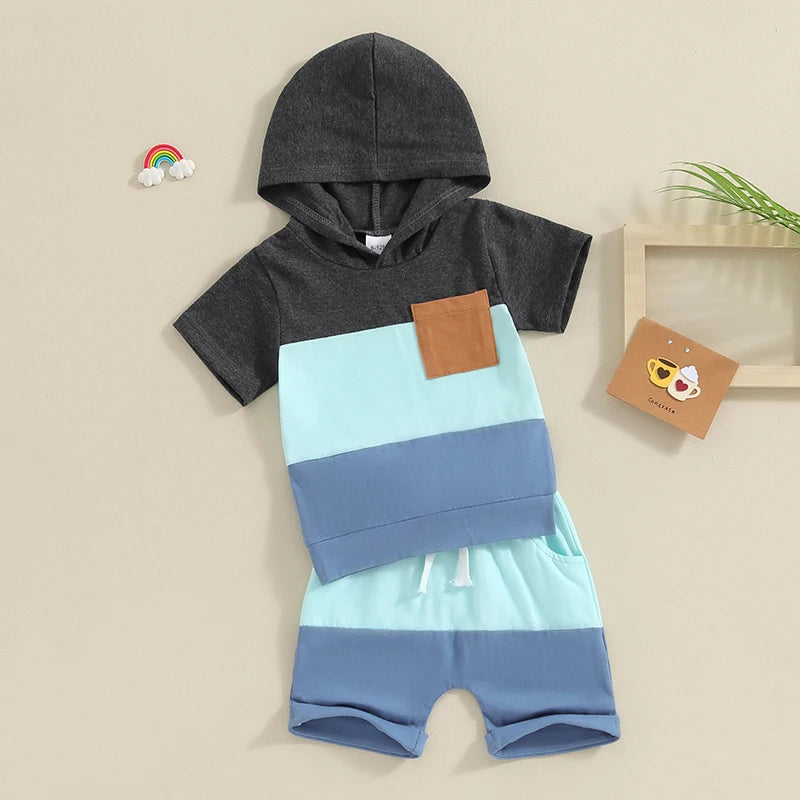 Boys Contrast Color Short Sleeve Pocket Hoodie Short Set