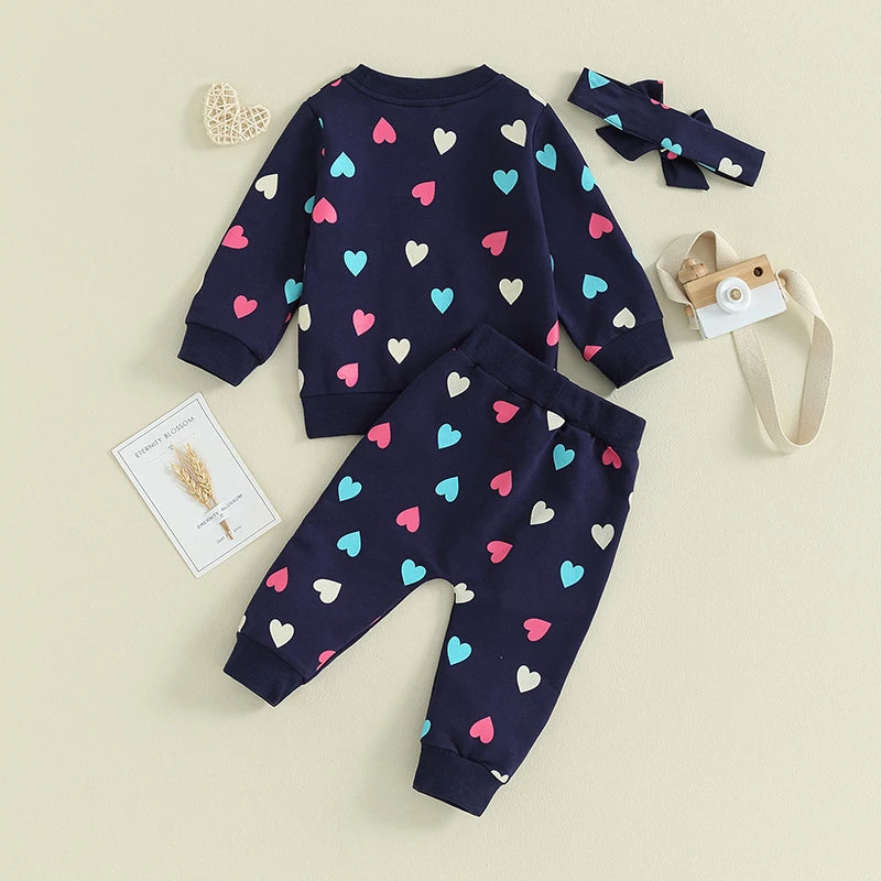 Girls Heart Print Sweatshirt Pant Bow Set