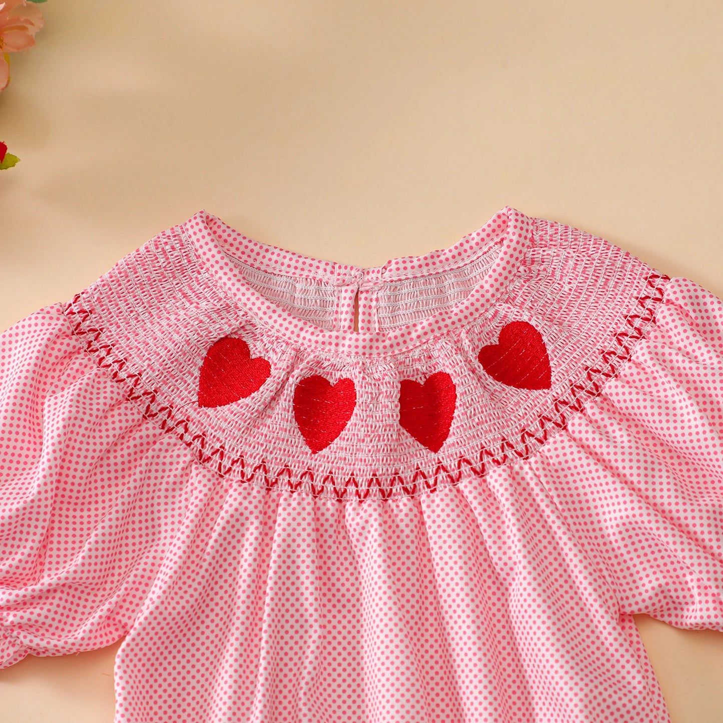 Girls Embroidered Heart Polka Dot Bubble, Pink