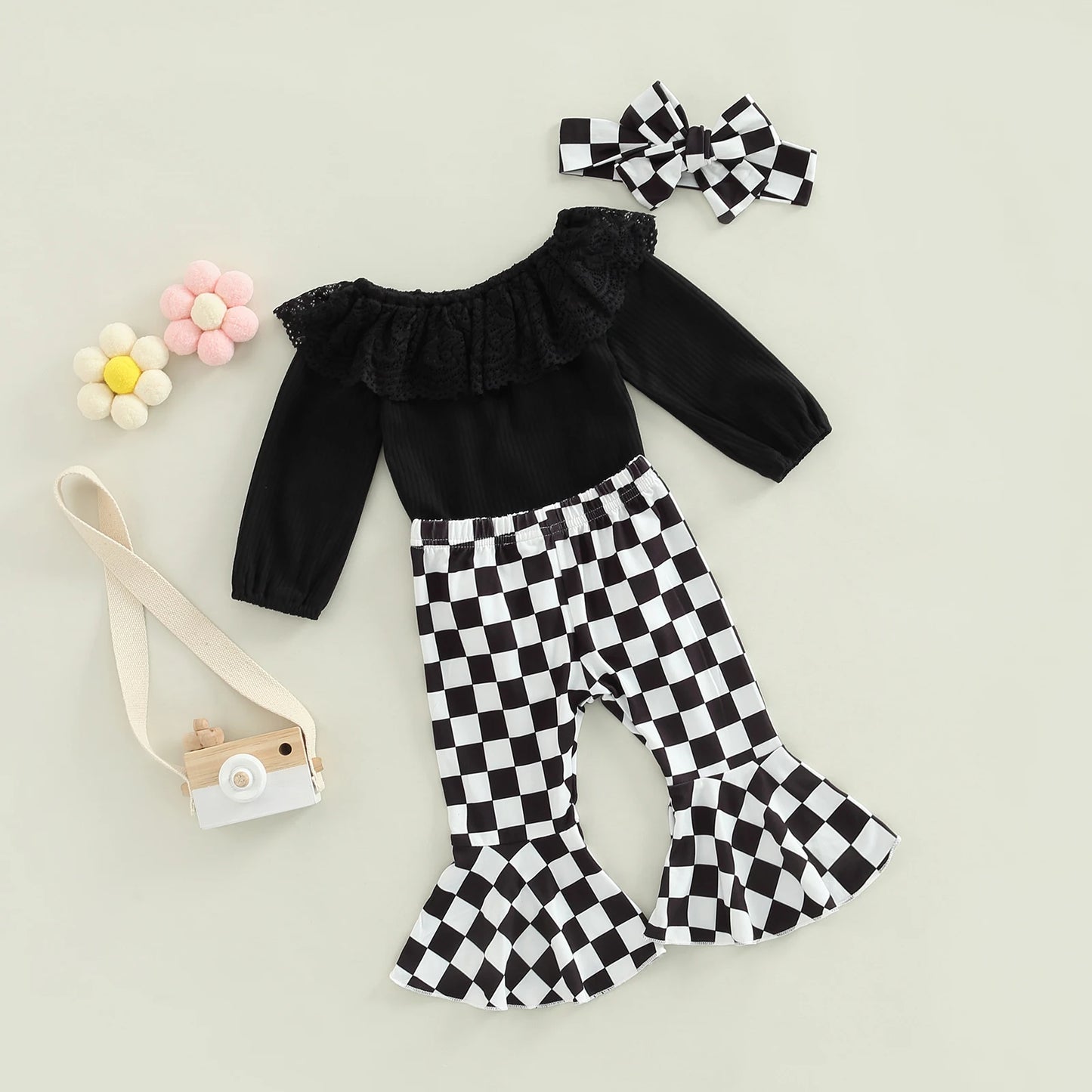 Girls Ribbed Lace Collar Top Checkerboard Flare Pant Bow Set