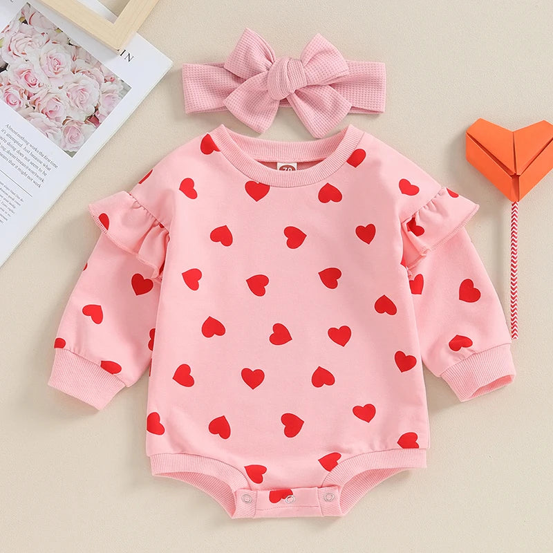 Girls Ruffle Heart Print Bubble Bow Set