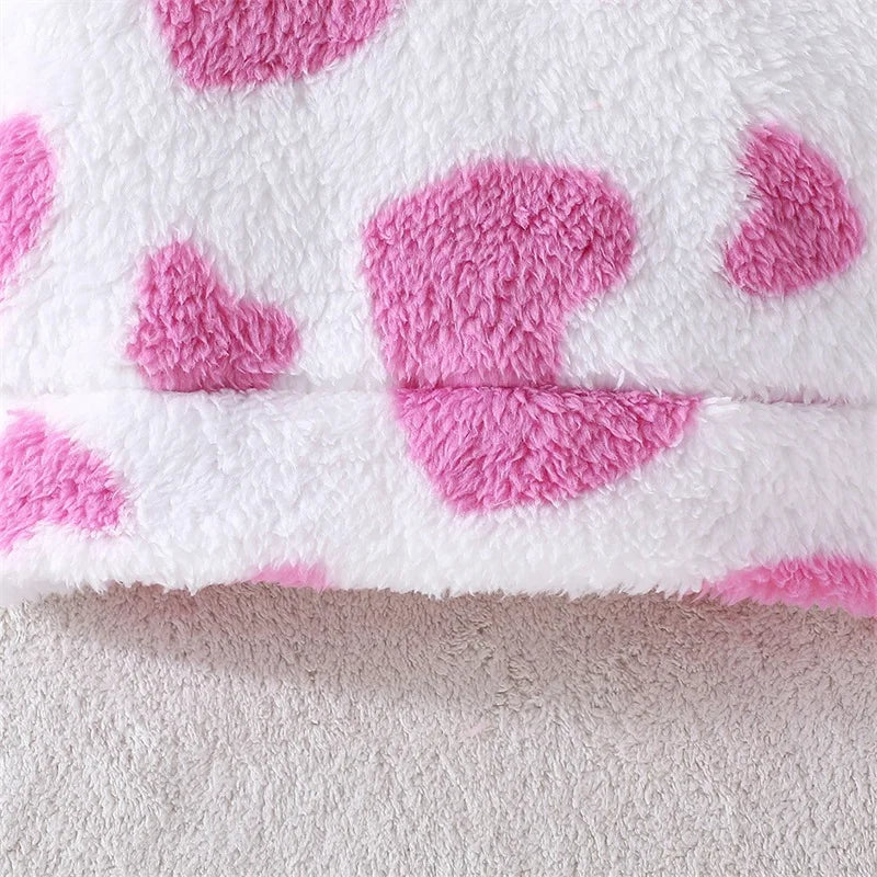 Girls Heart Print Plush Fleece Hoodie Pant Set
