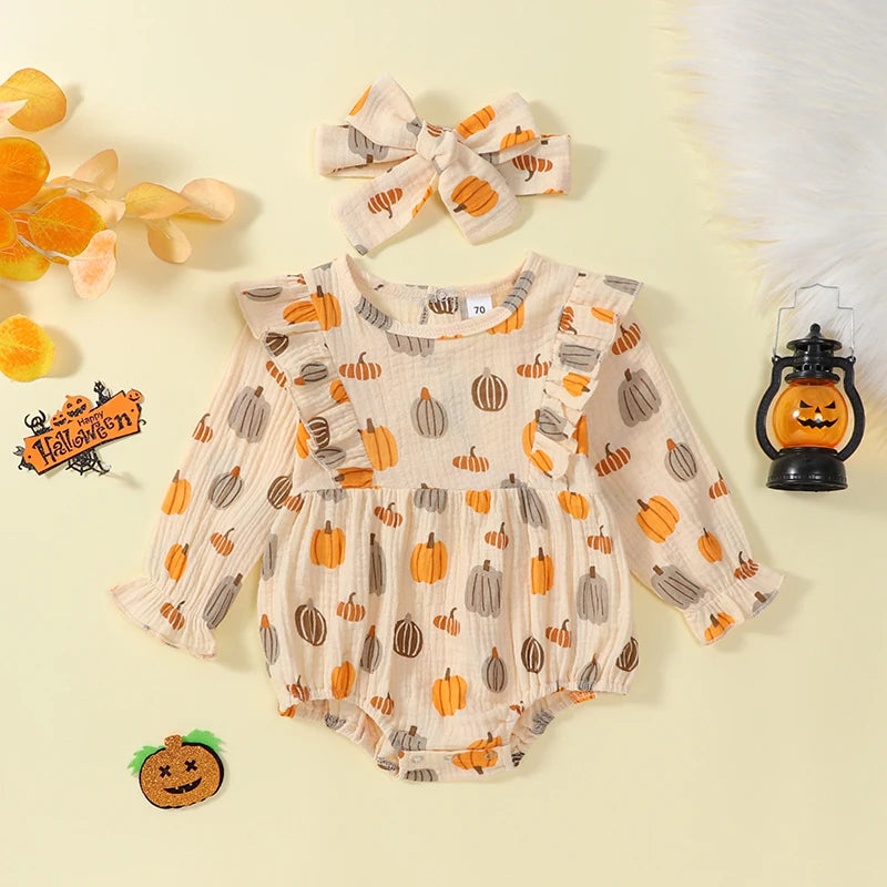 Girls Pumpkin Print Ruffled Shoulder Bubble Bow Set