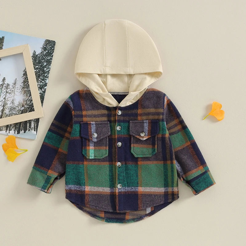 Boys Plaid Pocket Hoodie Jacket