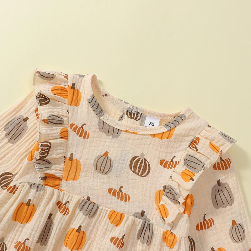 Girls Pumpkin Print Ruffled Shoulder Bubble Bow Set