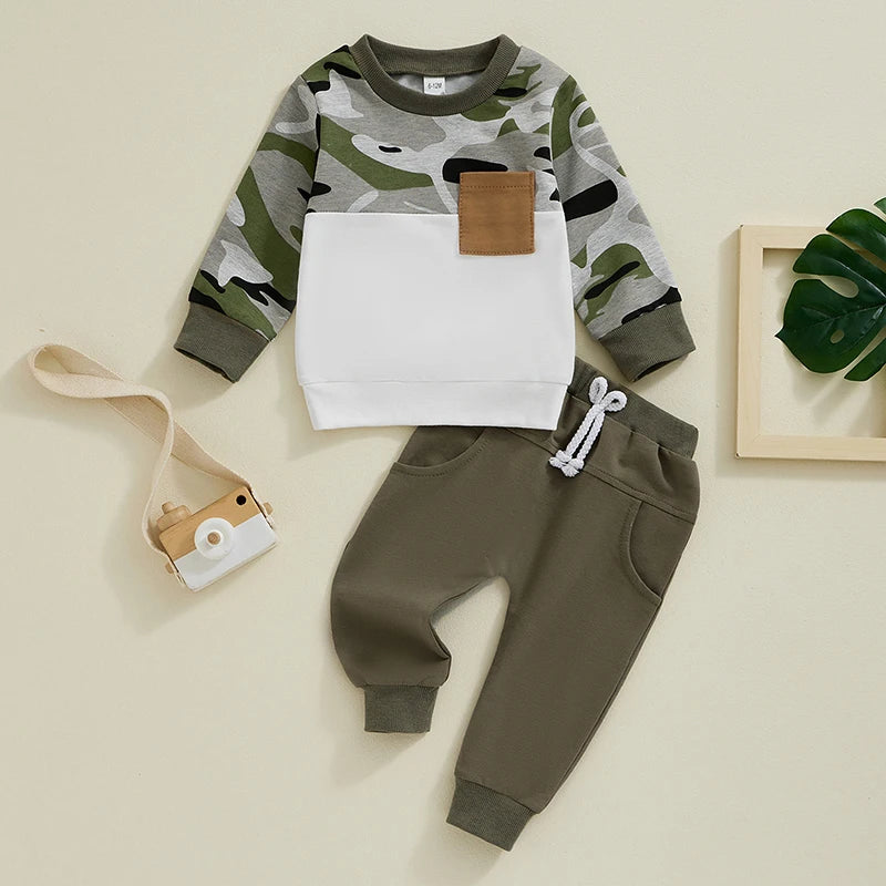 Boys Camouflage Print Patch Pocket Sweatshirt Pant Set