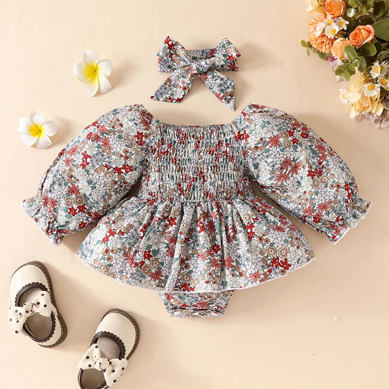 Girls Fall Floral Dress Bow Set