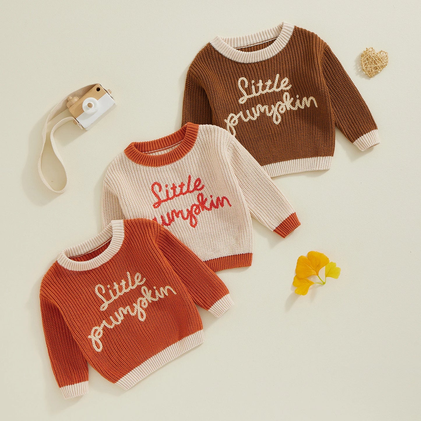 Little Pumpkin Embroidered Script Contrast Knit Sweater, Unisex