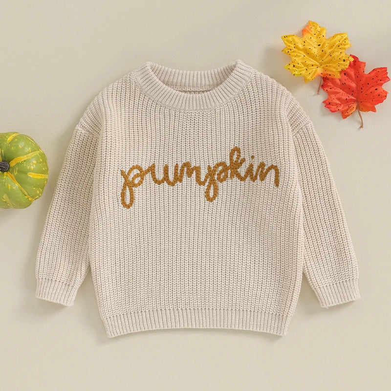 Solid Embroidered Pumpkin Script Knit Sweater, Unisex