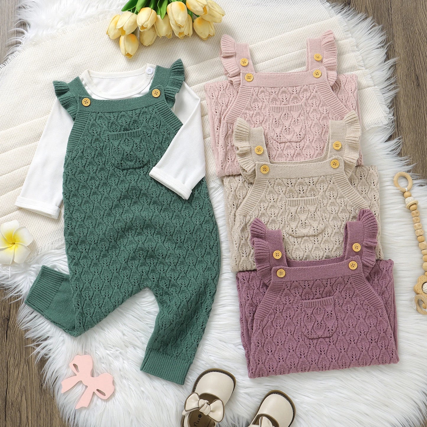 Girls Ruffle Shoulder Knit Jumpsuit Overalls