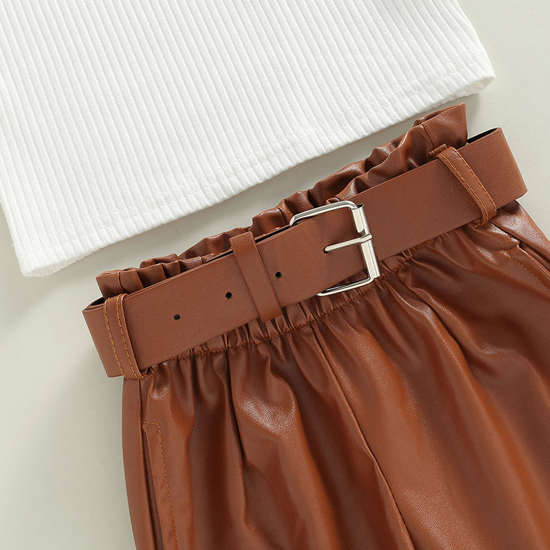 Girls Puff Sleeve Ribbed Tops Faux Leather Pants and Belt Set