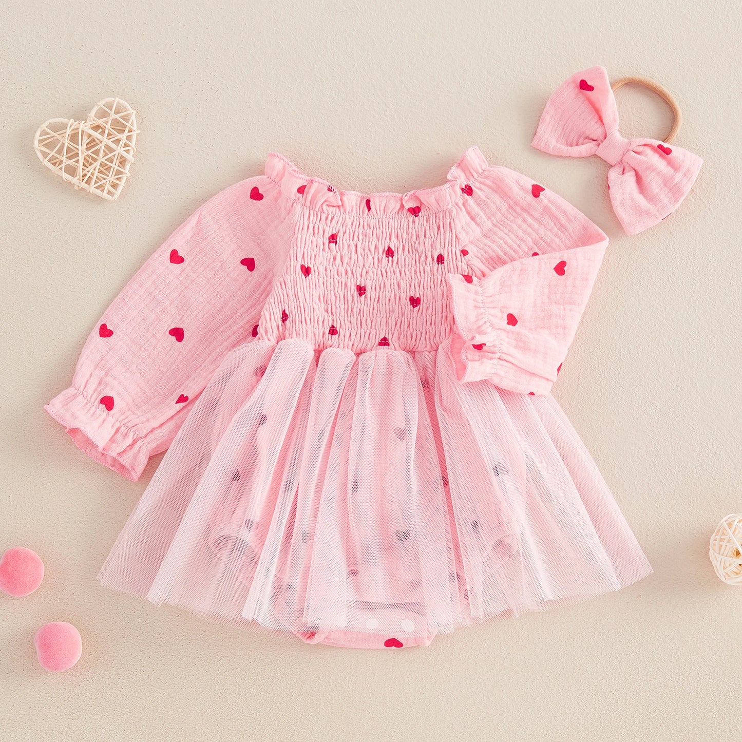 Girls Heart Print Tulle Dress Bow Set