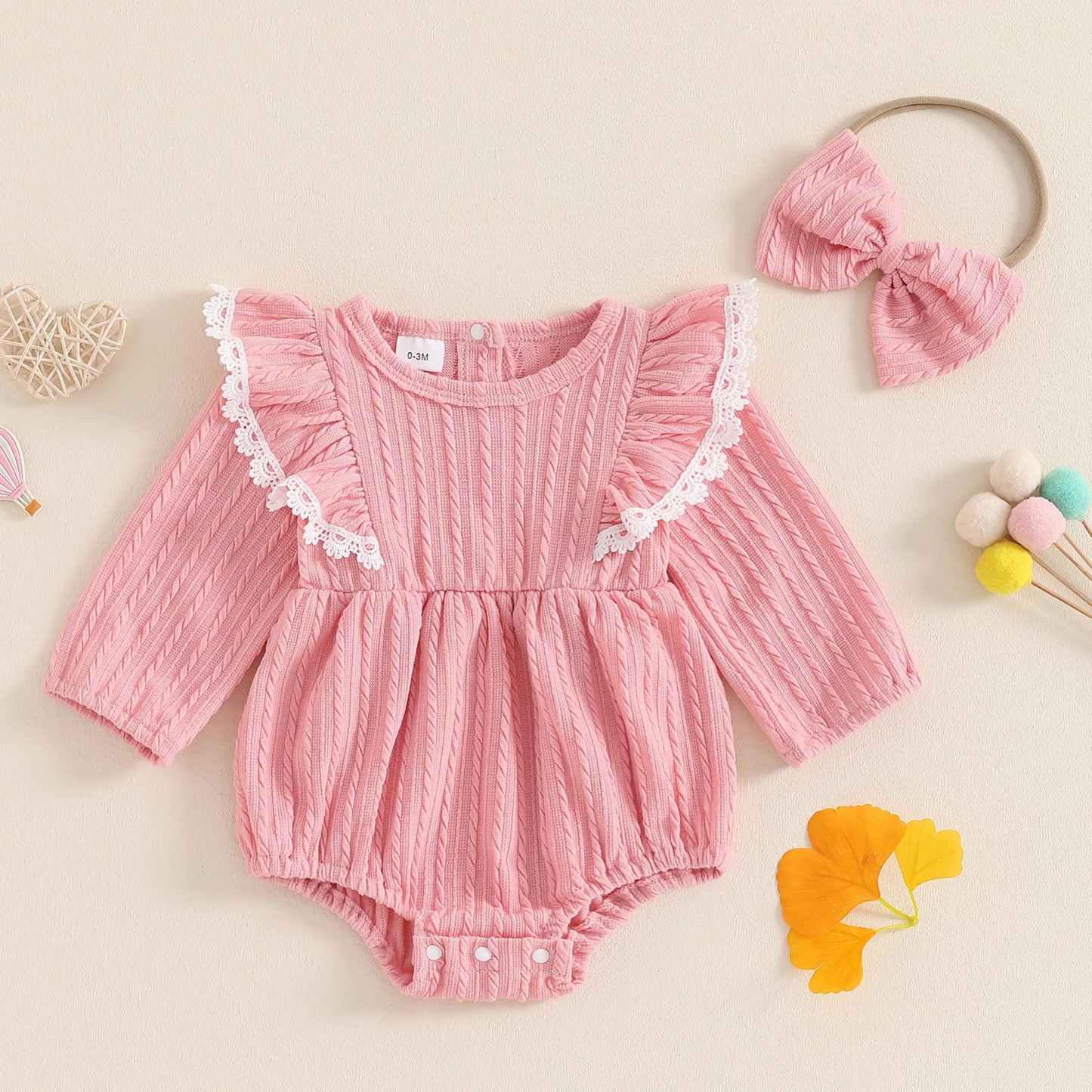 Girls Lace Trim Ruffled Knit Bubble Bow Set