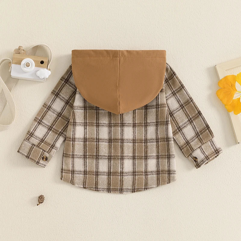 Boys Hooded Plaid Flannel Button Pocket Shirt