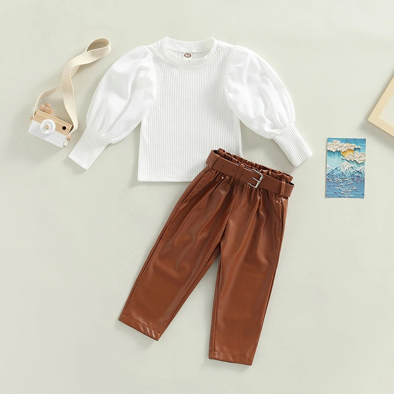 Girls Puff Sleeve Ribbed Tops Faux Leather Pants and Belt Set