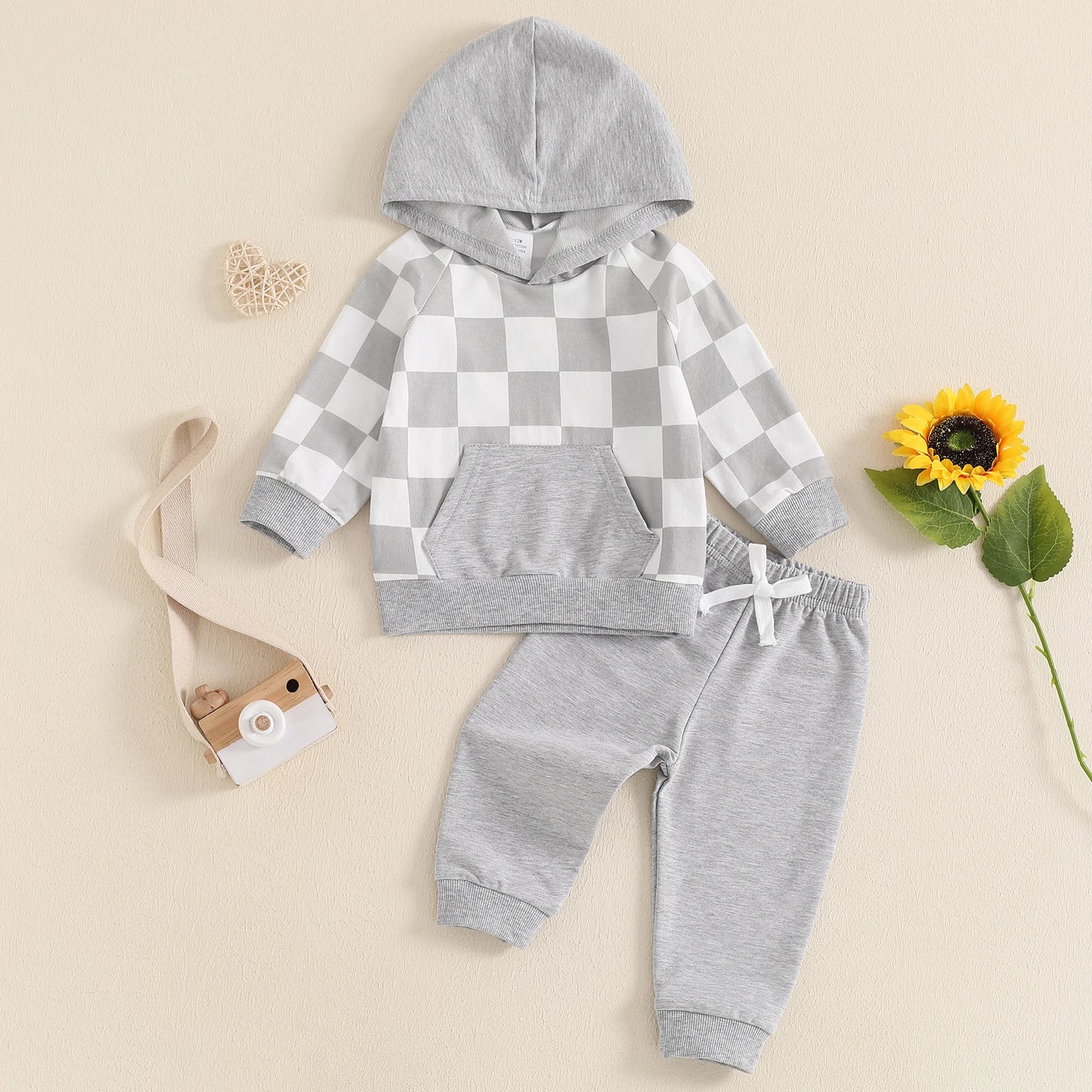 Boys Checkered Pocket Hoodie Pant Set