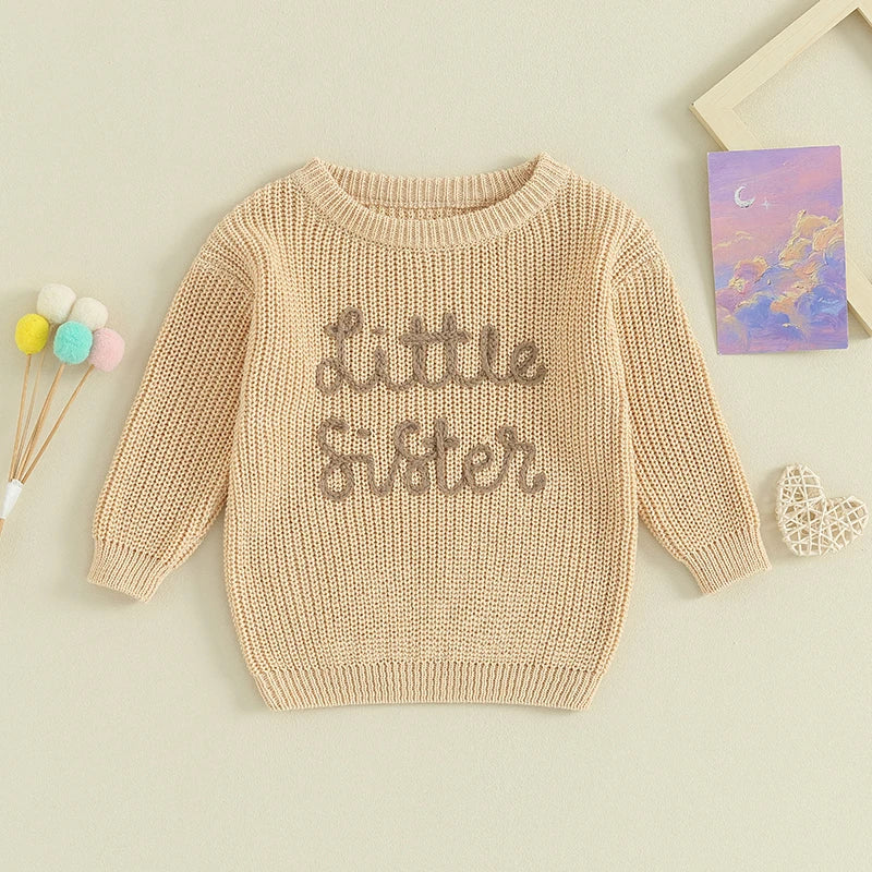Girls Embroidered Little Sister Script Knit Sweater