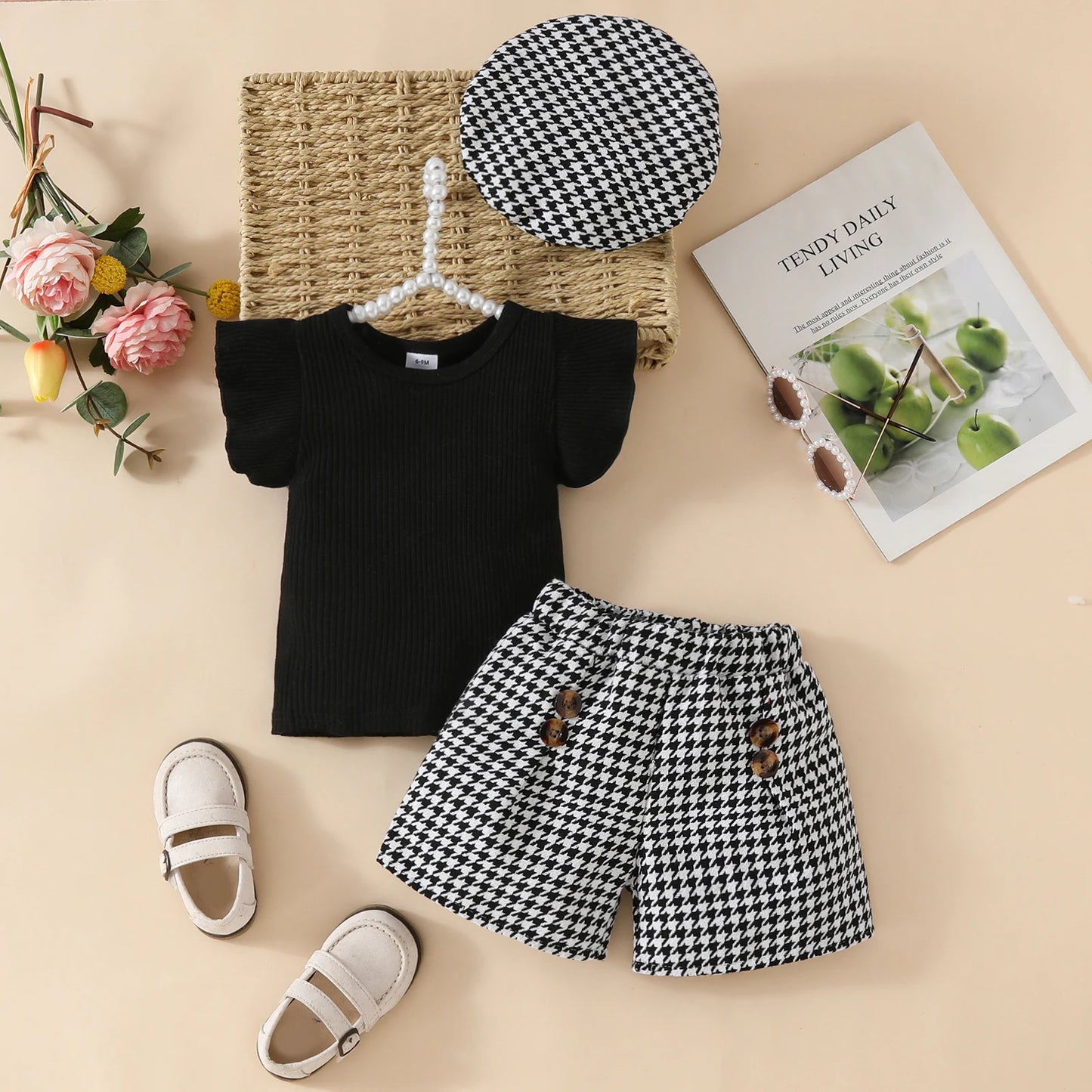 Girls Houndstooth Ruffle Sleeve Ribbed Top Plaid Shorts Hat Set