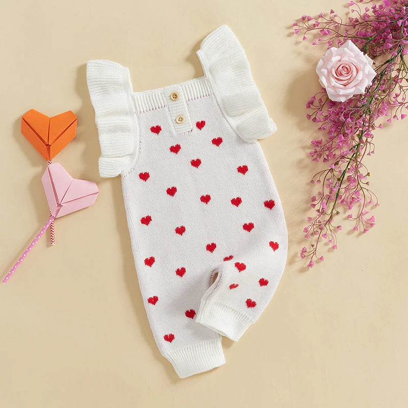 Girls Ruffle Sleeve Heart Knit Romper