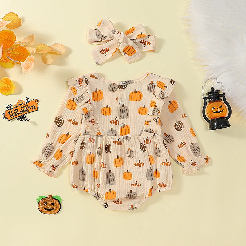 Girls Pumpkin Print Ruffled Shoulder Bubble Bow Set