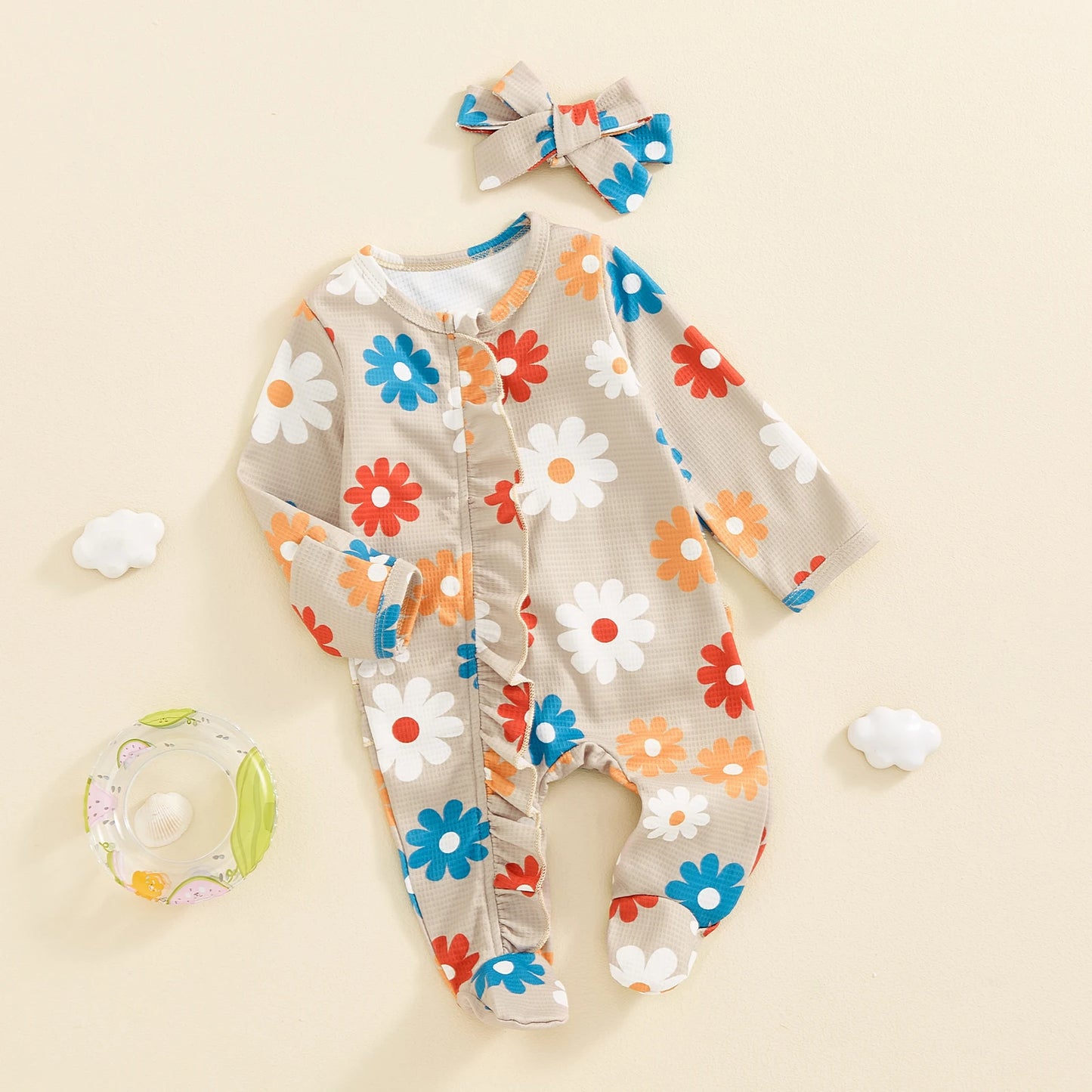 Baby Girls Flower Print Ruffled Zip Footie Pajamas Bow Set