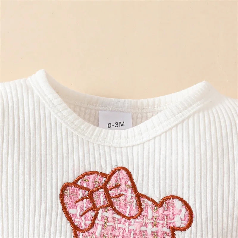 Girls Embroidered Bear Ruffle Sleeve Top Plaid Skirt Bow Set
