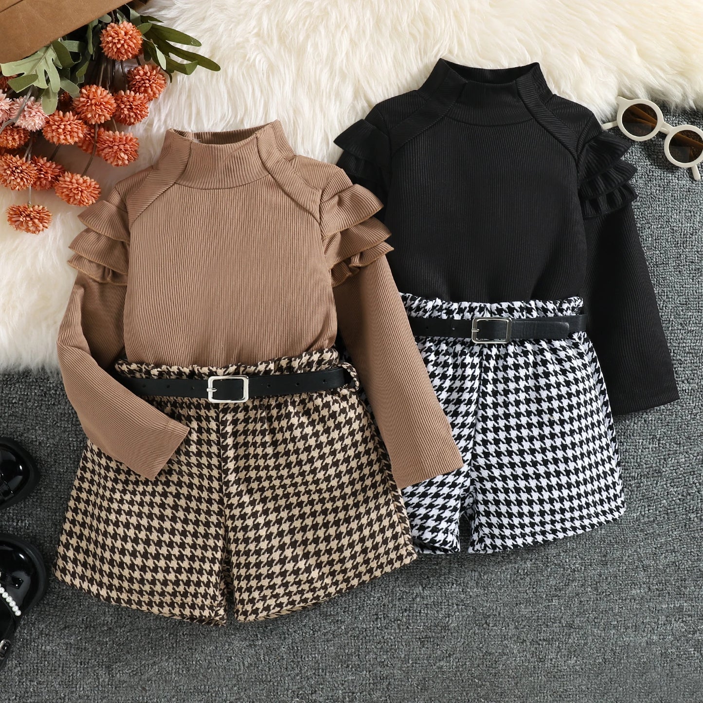 Girls Ruffle Sleeve Knit Turtleneck Houndstooth Belt Short Set