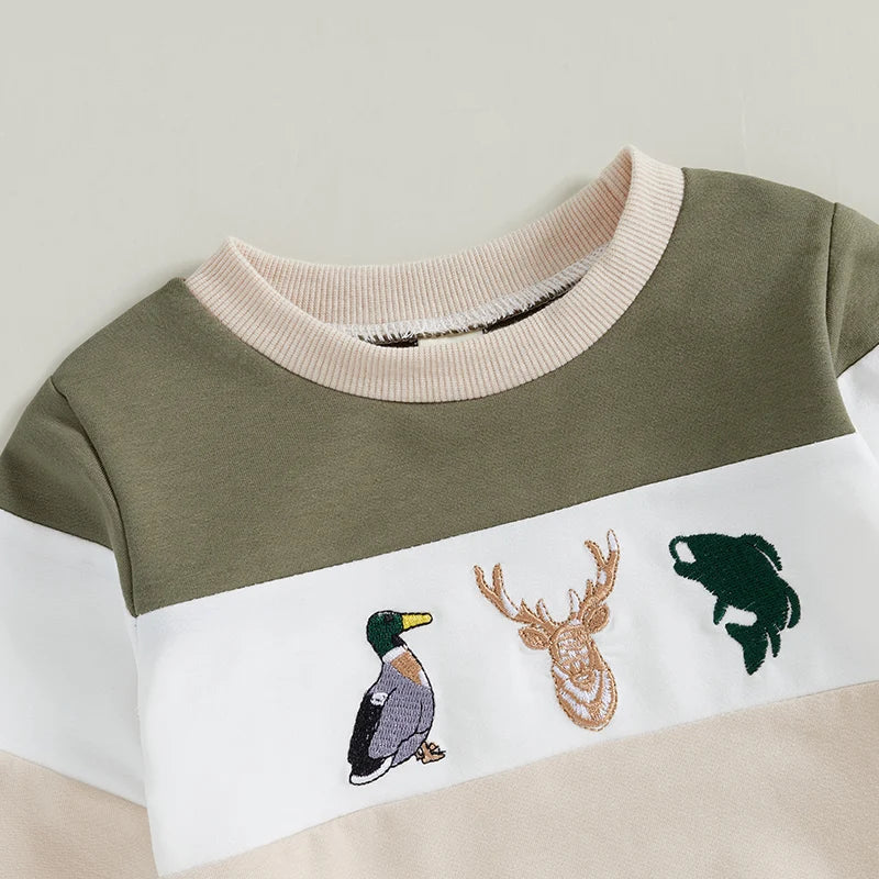Boys Embroidered Duck/Deer/Fish Sweatshirt Pant Set