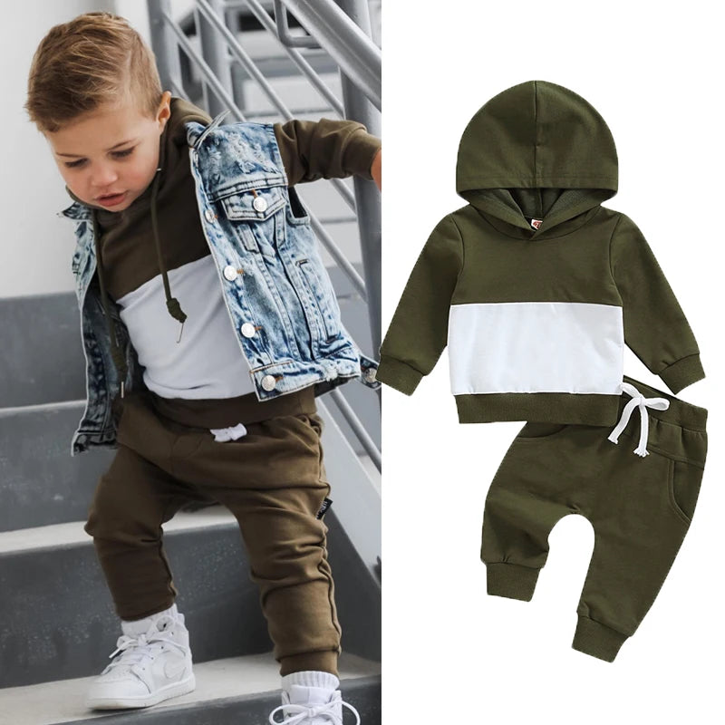 Boys Color Patchwork Hoodie Pant Set