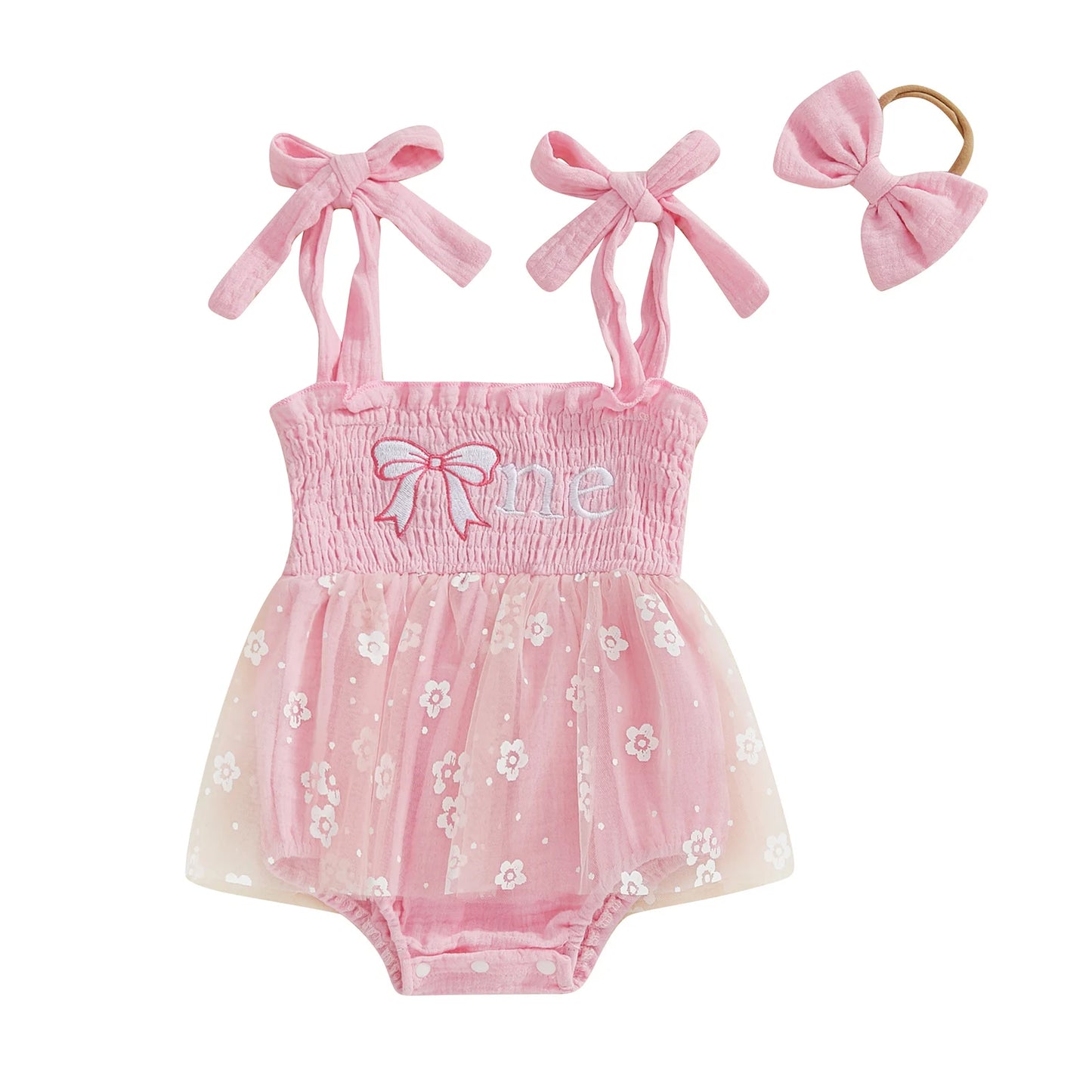 Girls "One" First Birthday Dress Bow Set