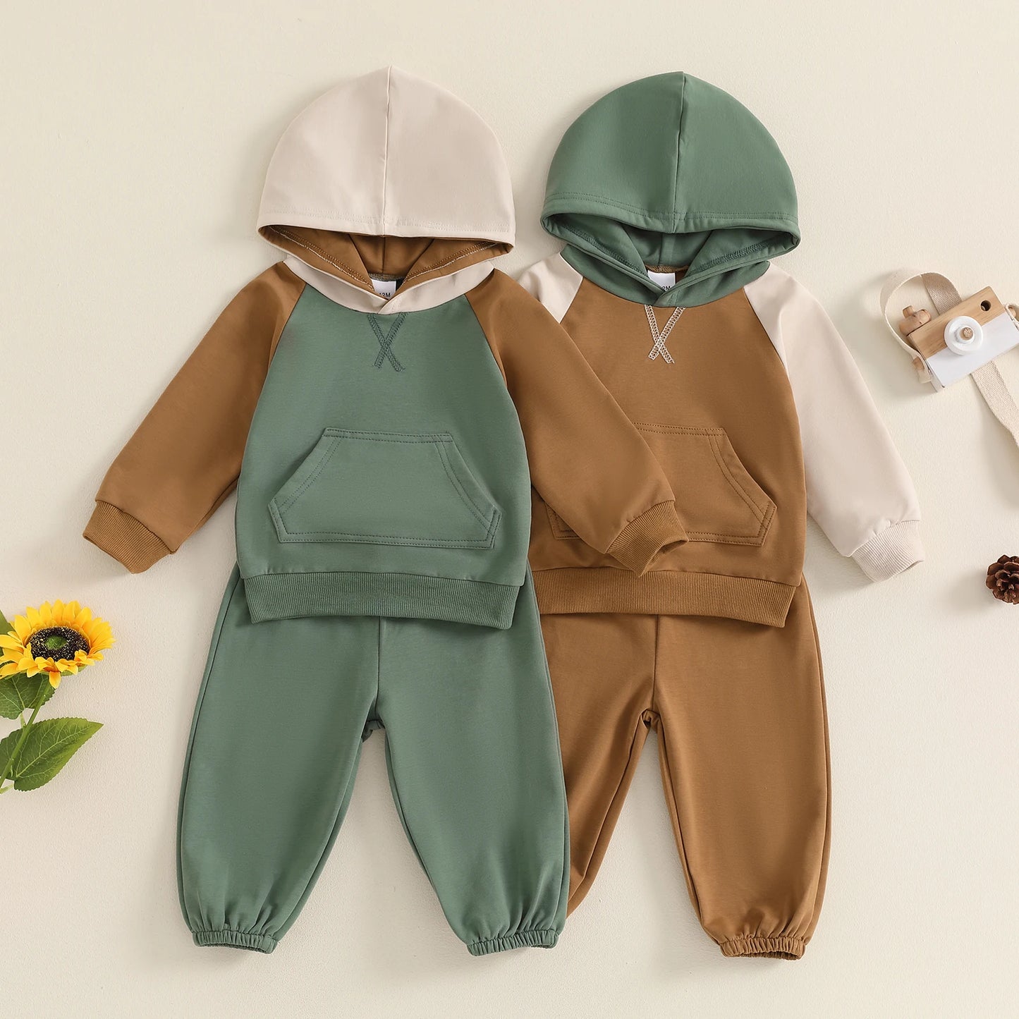 Boys Fall Color Contrast Hoodie Pant Set