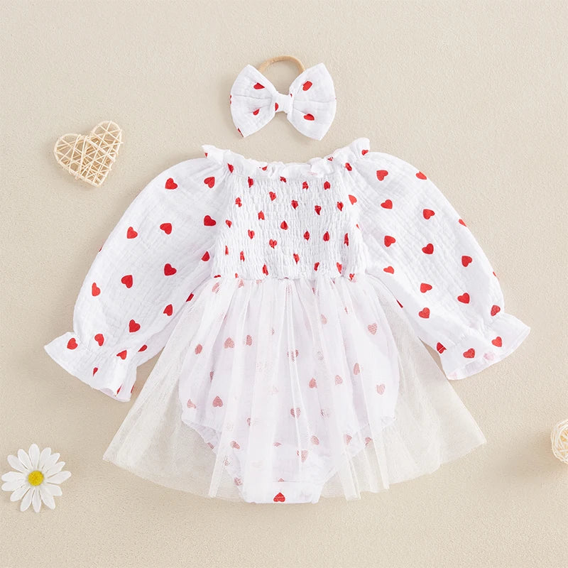 Girls Heart Print Tulle Dress Bow Set