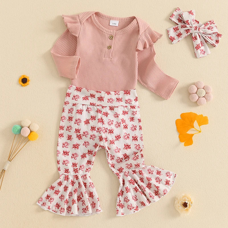 Girls Ribbed Ruffle Shoulder Top Floral Flare Pant Bow Set