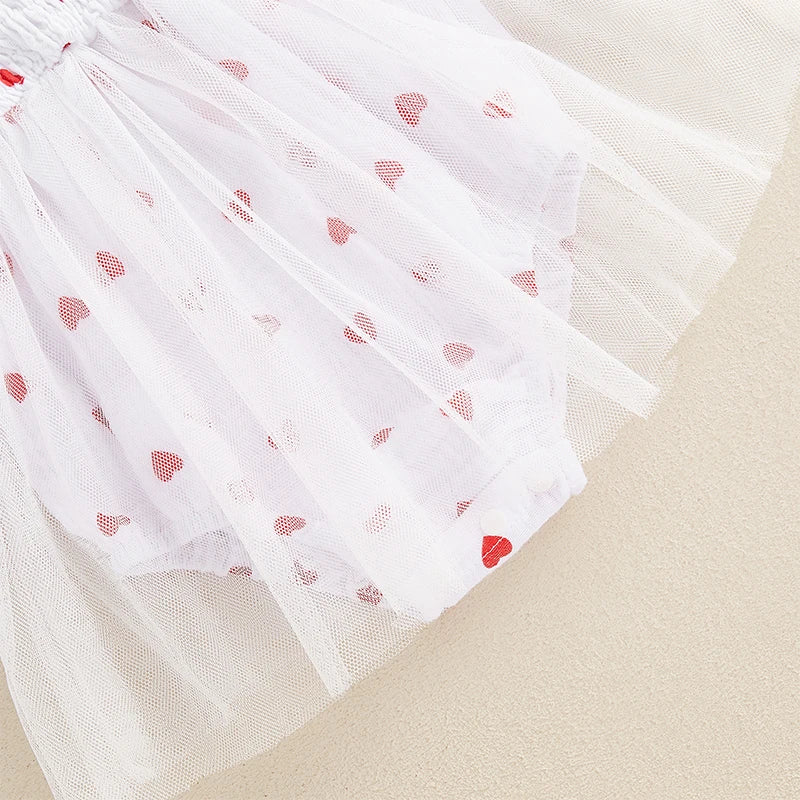 Girls Heart Print Tulle Dress Bow Set