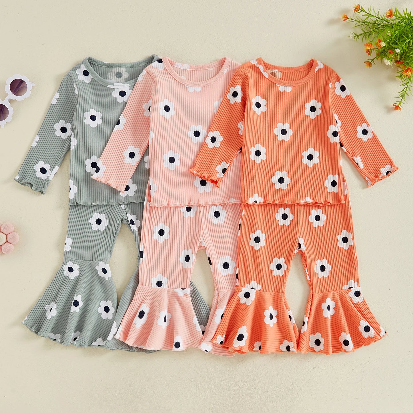 Girls Ribbed Flower Top and Flare Pant Set