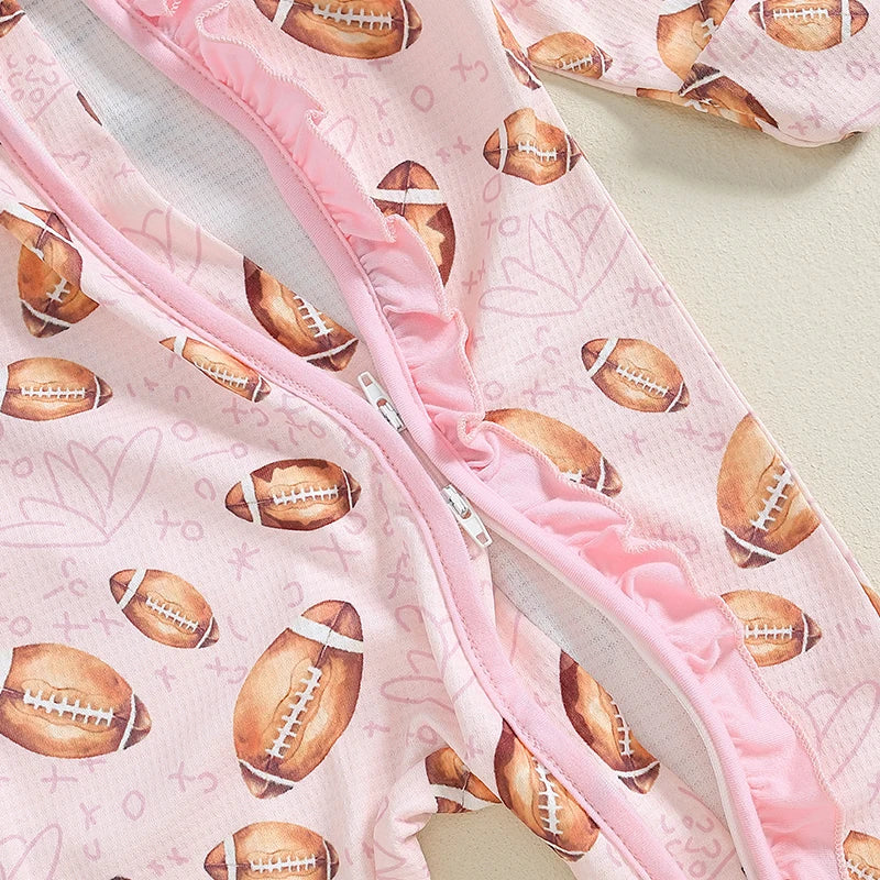 Baby Girls Football Print Footie Zip Pajama Bow Set