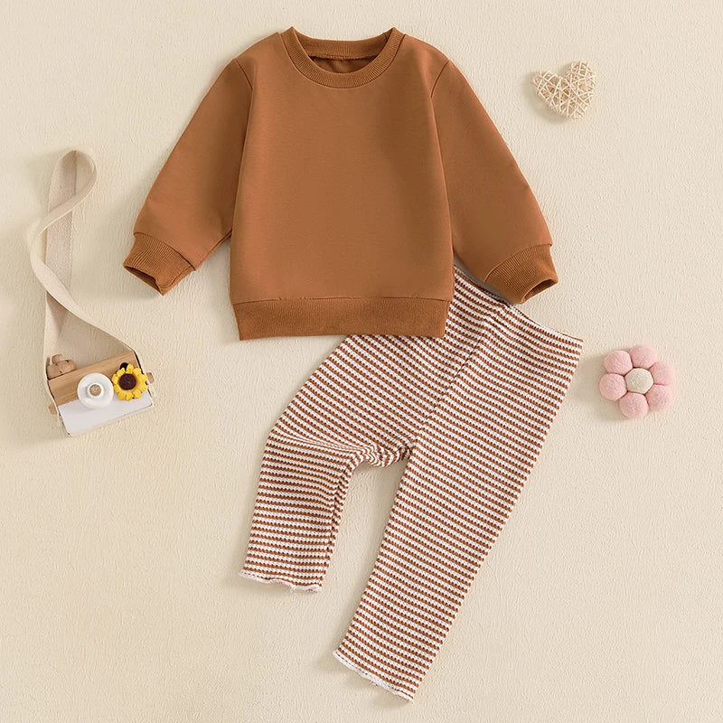 Girls Sweatshirt Waffle Knit Striped Pant Set